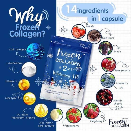 Frozen Collagen package with ingredients listed on a blue background