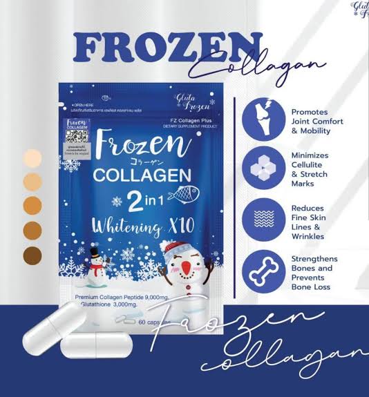 Packaging of Frozen Collagen supplement, with blue color theme and illustrations of a snowman and snowflakes. The package highlights various benefits such as promoting joint comfort, minimizing fine lines, and reducing wrinkles.