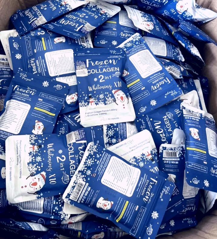Stack of blue and white packages with 'Frozen Collagen' branding.
Frozen Collagen 2-in-1 Whitening supplement for glowing and youthful skin