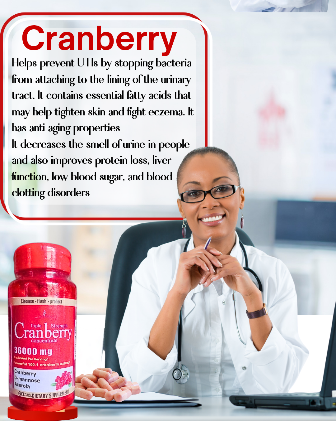 Bottle of cranberry supplement for UTI and immune support