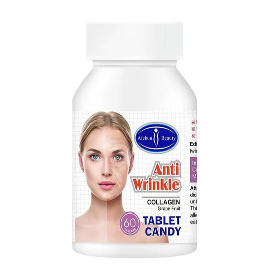 A bottle of Anti wrinkle tablet candy with a picture of a woman on the label, indicating the supplement's use for skin health.
