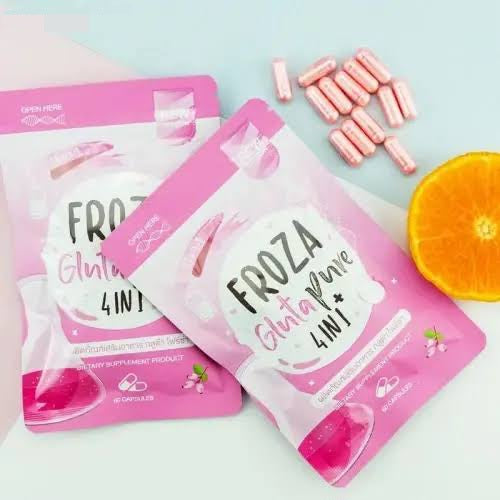 Packaging of Froza Gluta Pure 4 in 1, with pink and white colors, text and an image of an orange, suggesting a health and beauty product.
Froza Gluta Pure 4-in-1 skin whitening and anti-aging supplement