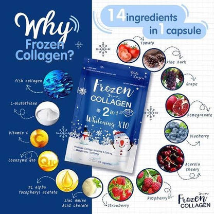 Frozen Collagen package with ingredients listed on a blue background