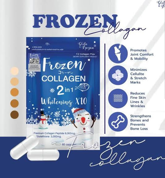Packaging of Frozen Collagen supplement, with blue color theme and illustrations of a snowman and snowflakes. The package highlights various benefits such as promoting joint comfort, minimizing fine lines, and reducing wrinkles.