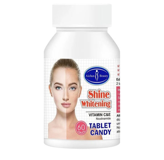 A bottle of Action Beauty Shine Whitening Vitamin Care Tablet Candy with 60 tablets inside.
Shine Whitening Tablet for radiant skin and even tone